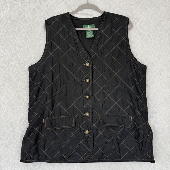Vtg Hunt Club Silk Quilted Vest Womens Large Black Equestrian Barn Chore Preppy - Picture 1 of 15